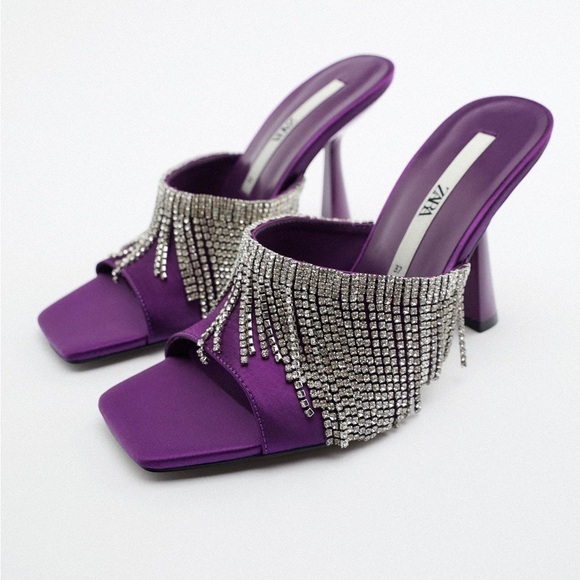 NWT. Zara Purple Sparkly Heeled Sandals with Rhinestone Fringe. Size 6,5. - Picture 1 of 8